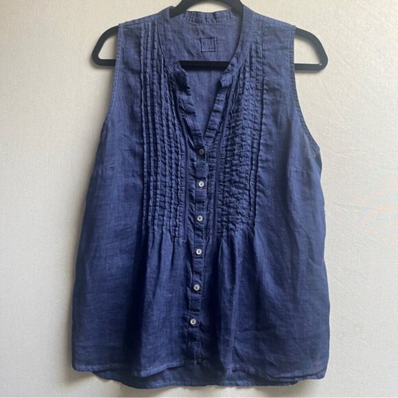120% Lino EAC blue linen sleeveless ruffle button up blouse Sz 46 S/M - Picture 3 of 9